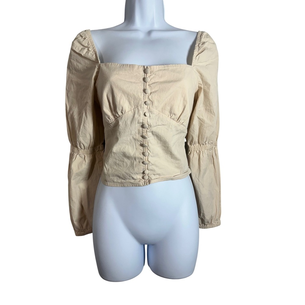Bershka Womens Beige Square Neck Button Front Smocked Puff Sleeve Blouse Medium